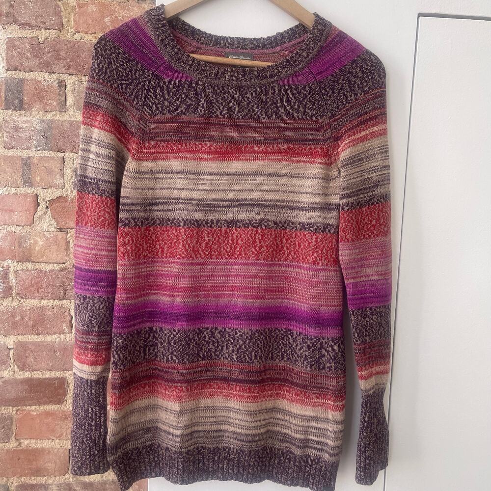 Eddie Bauer Womens XS Striped Cotton Knit Sweater Purple Pink Crew Neck
